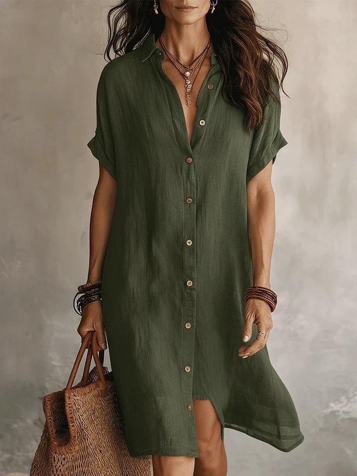 2026 European and American new shirt skirt fashionable and casual solid color short-sleeved button medium and long dress