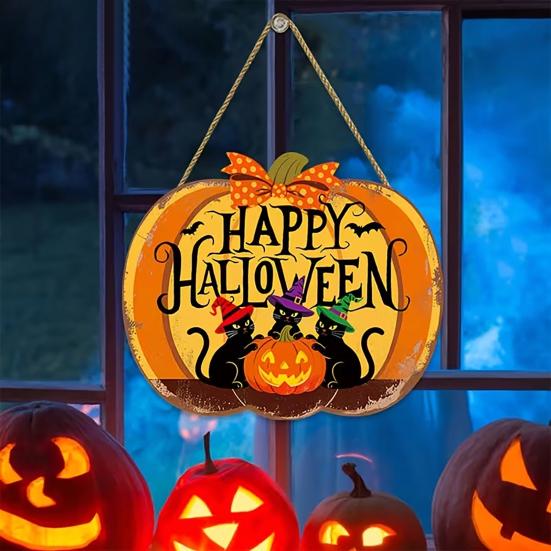 Happy Halloween Door Sign, Spooky Wooden Pumpkin Front Door Hanger for Farmhouse Porch Wall Hanging Decor