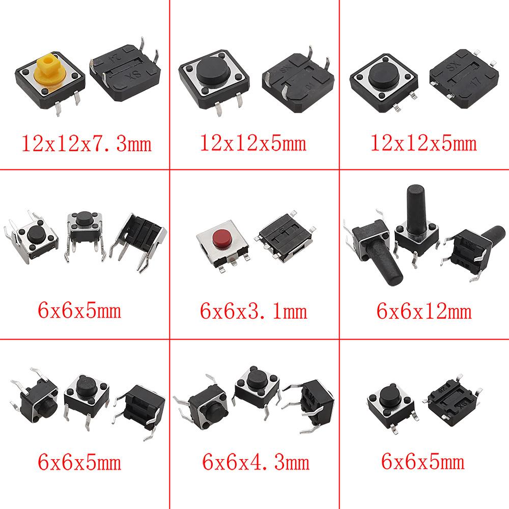 125Pcs 25 Types SMD DIP Micro Tact Push Button Switch Assorted Kit 2*4 3*6 4*4 6*6 12*12 Reset Mini Leaf Switches for Arduino Pushbutton Switches 3