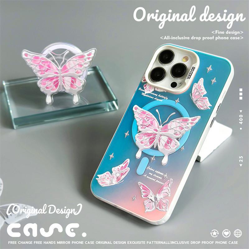 Magnetic Bracket Frosted Phone Case Compatible and Suitable for iPhone15 14 13 12 11promax Xsmax Xr 7 8plus Elegant Pink Butterfly