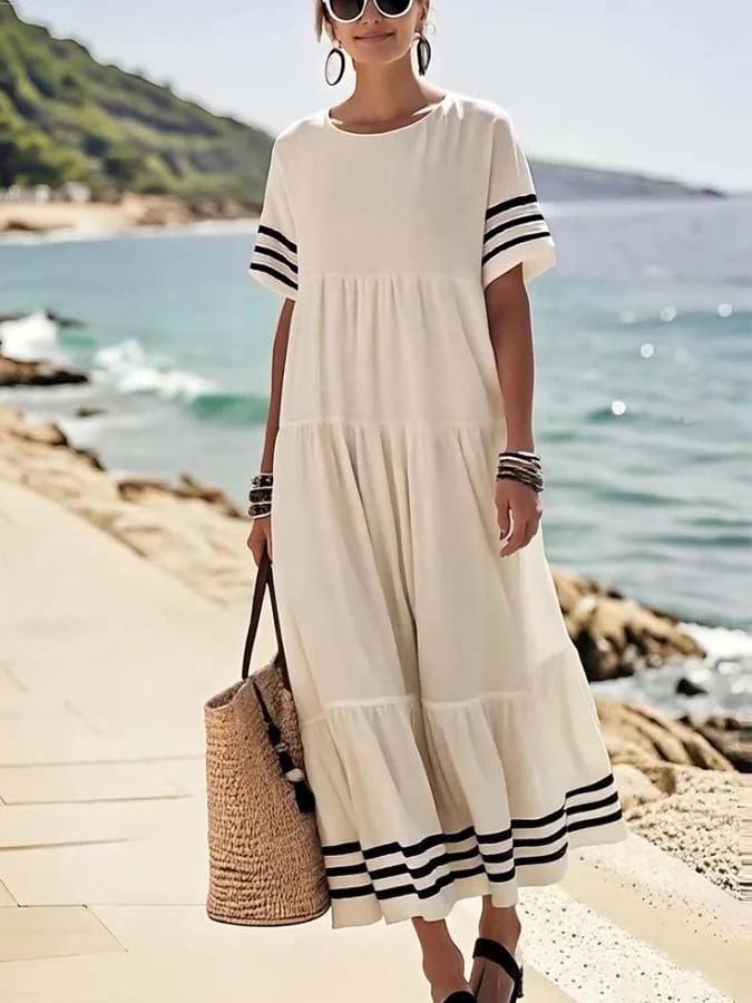 2026 European and American women s striped temperament casual vacation crew neck loose long dress S