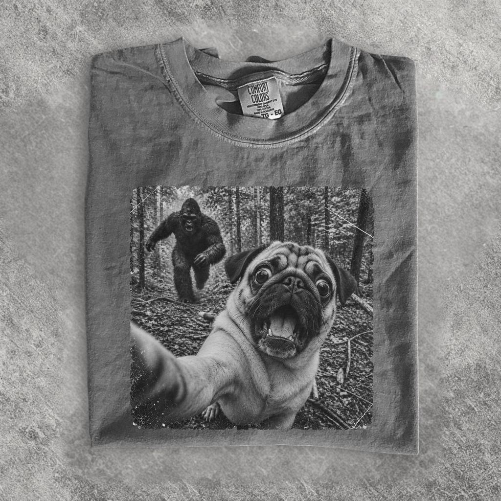 Pug T-Shirt Funny Big Foot Running After Dog Shirt