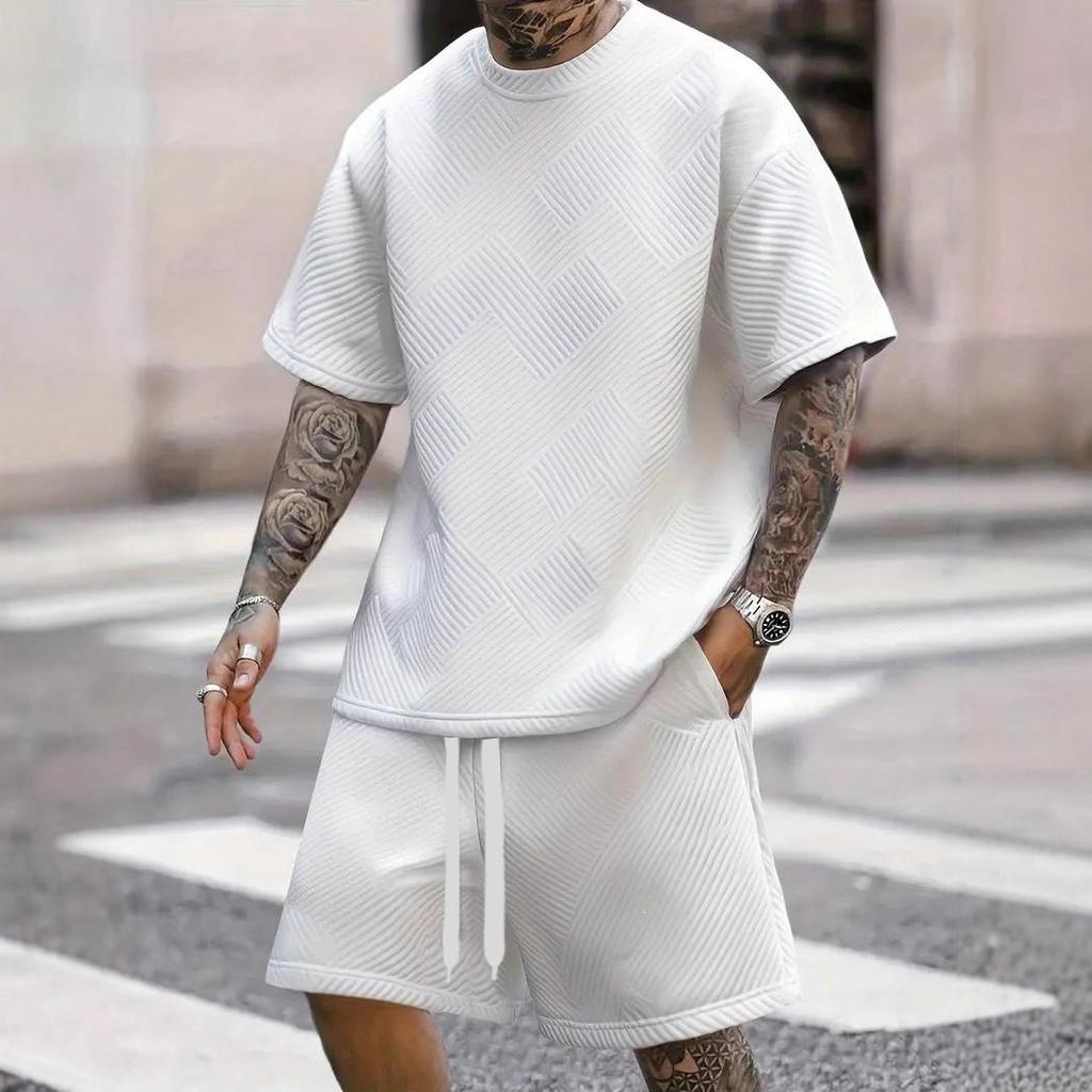 Mens Plus Size Crew Neck Short Sleeve Loose Sports T Shirt And Shorts Set