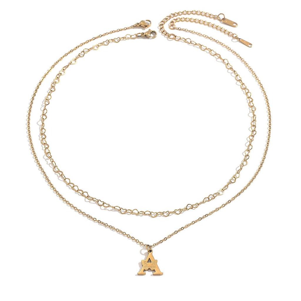 18K Gold Double Layer Necklace with Cross & Letter Pendant