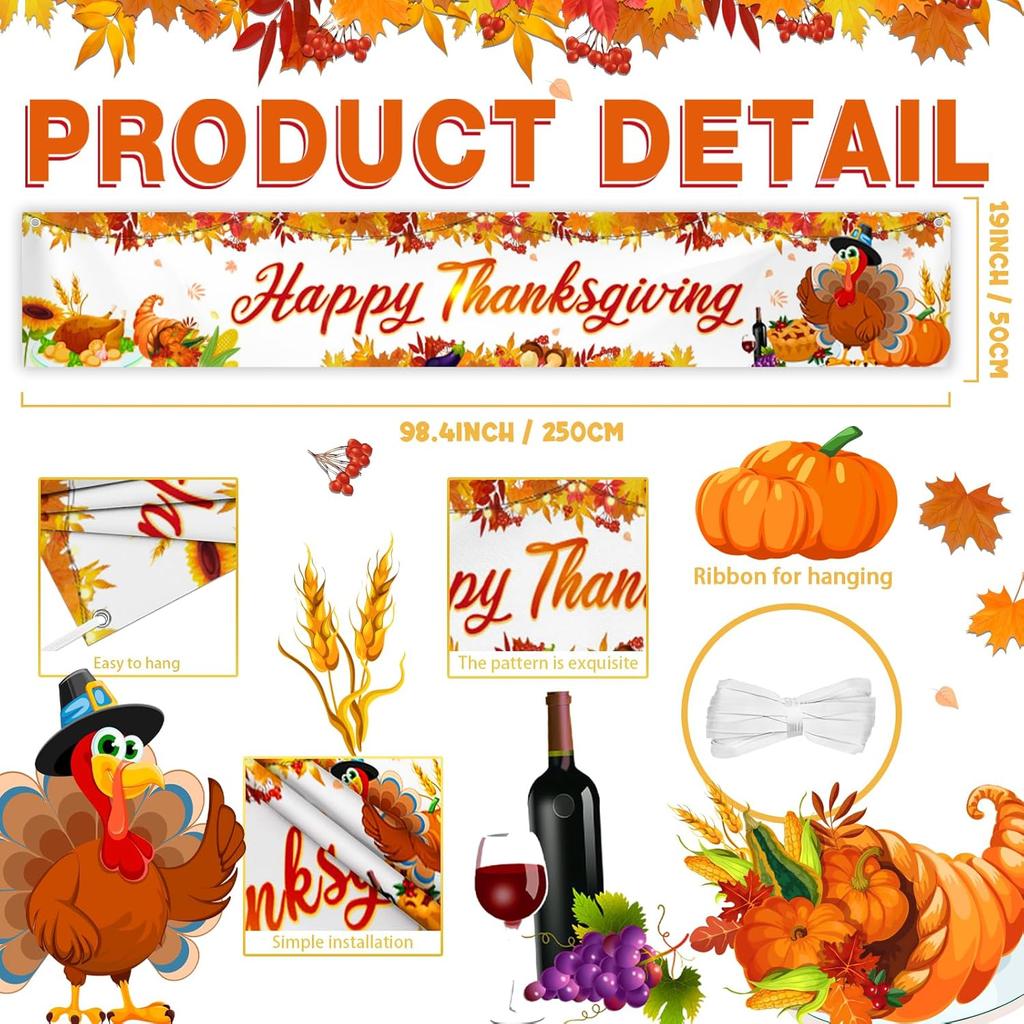 Happy Thanksgiving Banner Fall Thanksgiving Patry Sign Outdoor Decorations Friendsgiving Hanging Gate Decor Fence Yard Banner Indoor Wall Decor