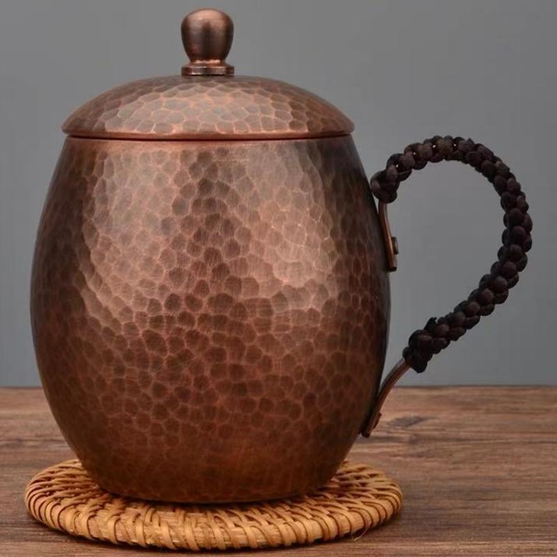 Vintage Handcrafted Copper Coffee Mug,Camping Beer Mug With lid Hammer Texture Handle Beverage Juice Cups Drinking 400ml Tea Cup