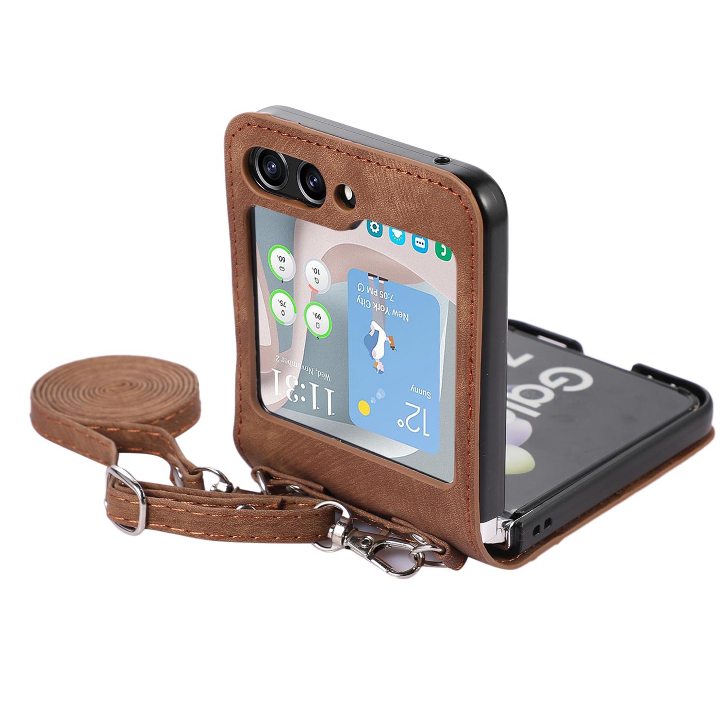 

For Samsung Galaxy Z Flip5 5G Skin Touch Phone Case Shockproof PU Leather PC Phone Cover with Shoulder Strap Brown