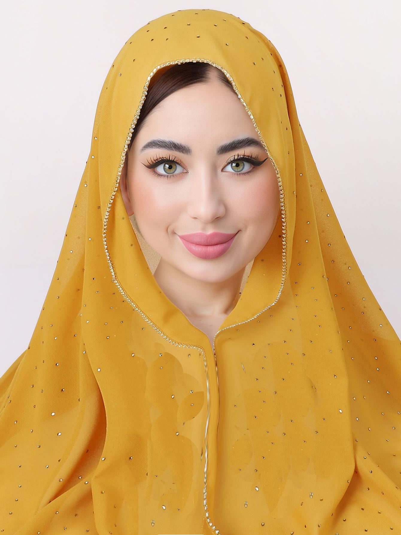 Шифоновый Хиджаб со Стразами Мусульманский Шарф на Золотой Молнии Арабский Женский Однотонный Платок Длинный Шарф Платок Исламский Фуляр