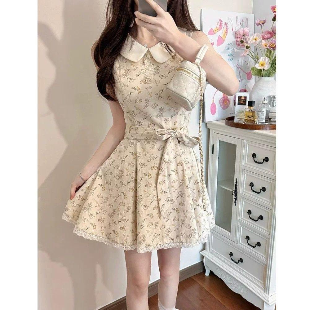 Sweet Bow Strap Waist Floral Dress Women's Summer Beautiful Small Skirt Girl Feeling Beautiful Vest Skirt