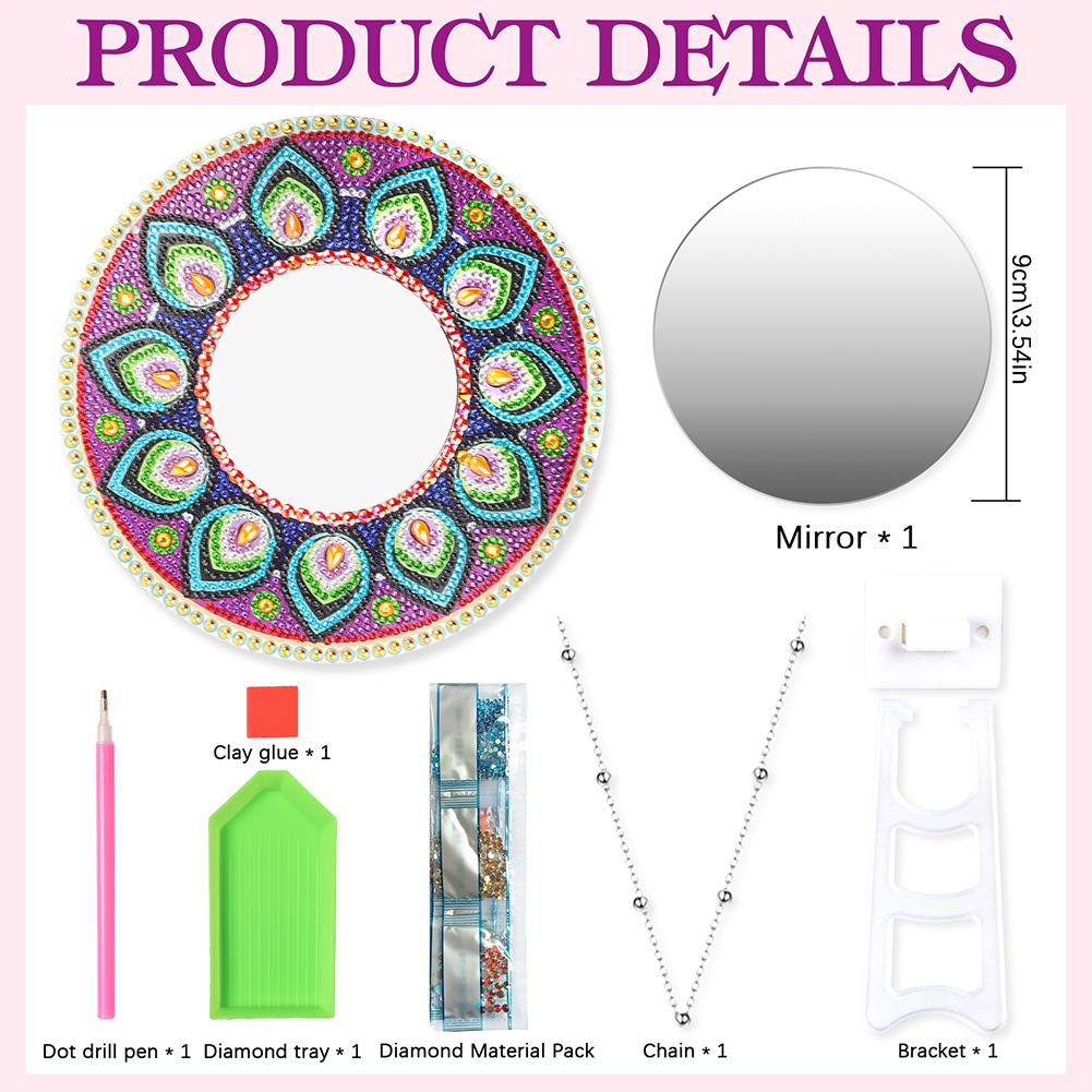 DIY Round Diamond Painting Mirror Mandala Diamond Embroidery Mosaic Cross Stitch Makeup Mirror Bedroom Home Decoration Gifts