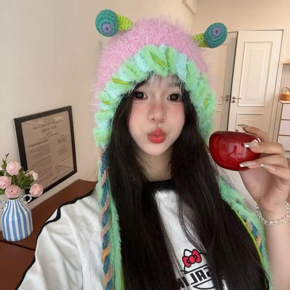 Knit Cleat Plush Beanies Hat Earflap Tassels Hat Cute Alpaca Fiber Pullover Cap Outdoor