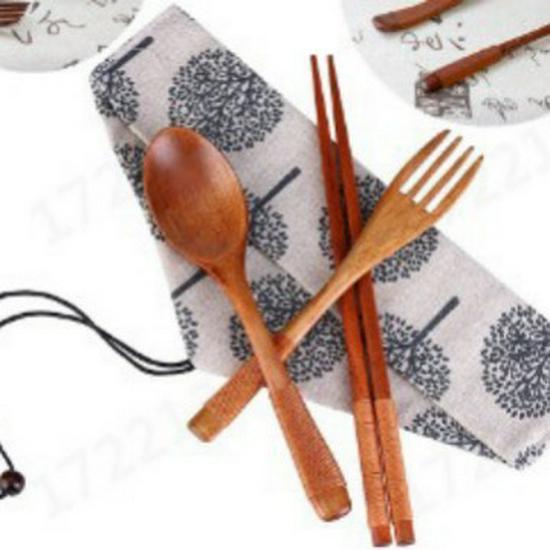 Japanese Style Portable Cutlery Set: Wooden Chopsticks, Fork, Spoon with Binding Wire and Cloth Bag for Outdoor Travel