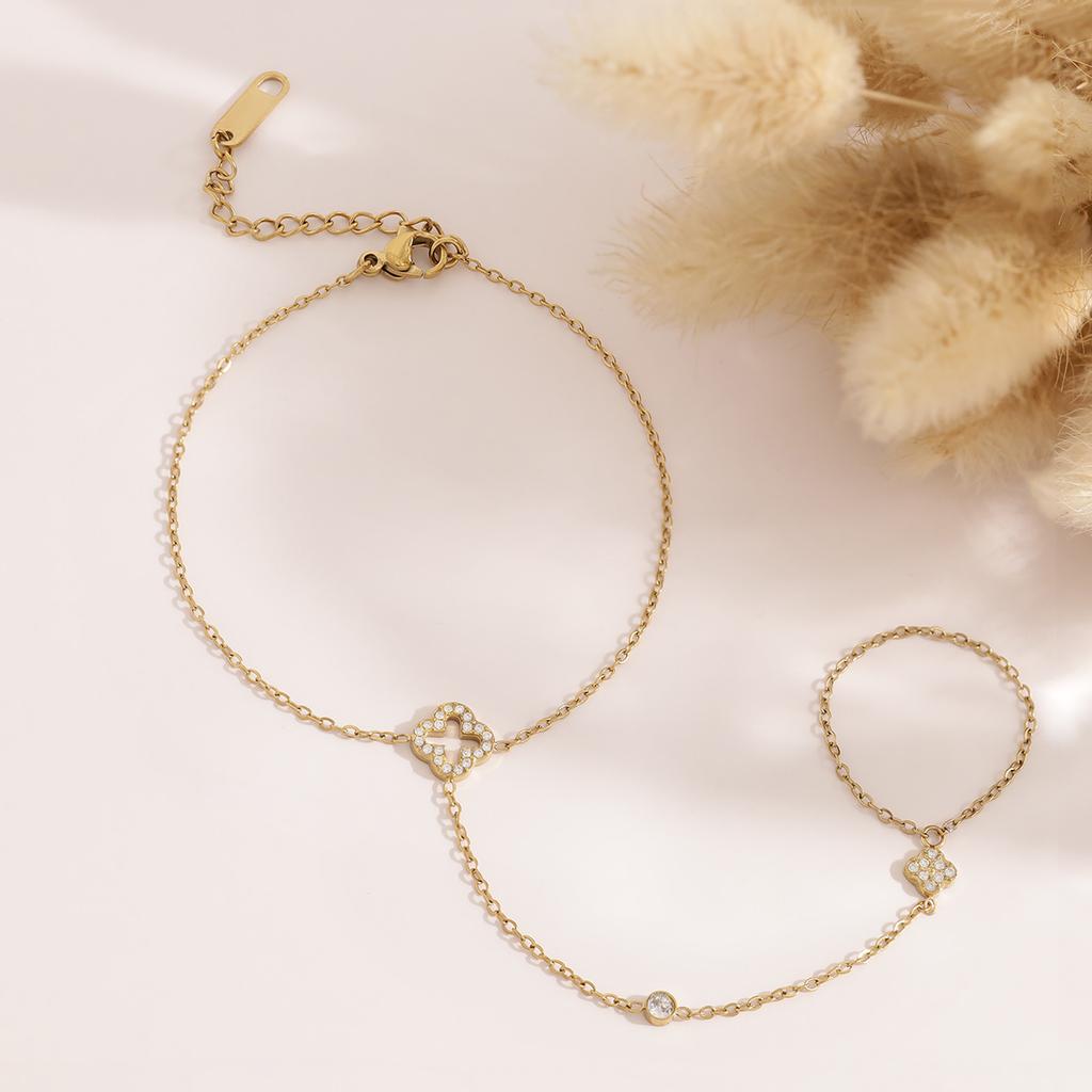 18K Gold Plated Stainless Steel Clover CZ Hand Chain Bracelet Ring Connected for Women Dainty