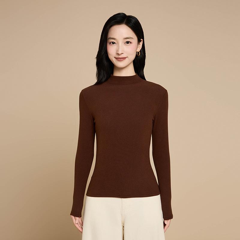Women's Velvet Semi-High Neck Slim Fit Long Sleeve Thermal Top for Autumn/Winter