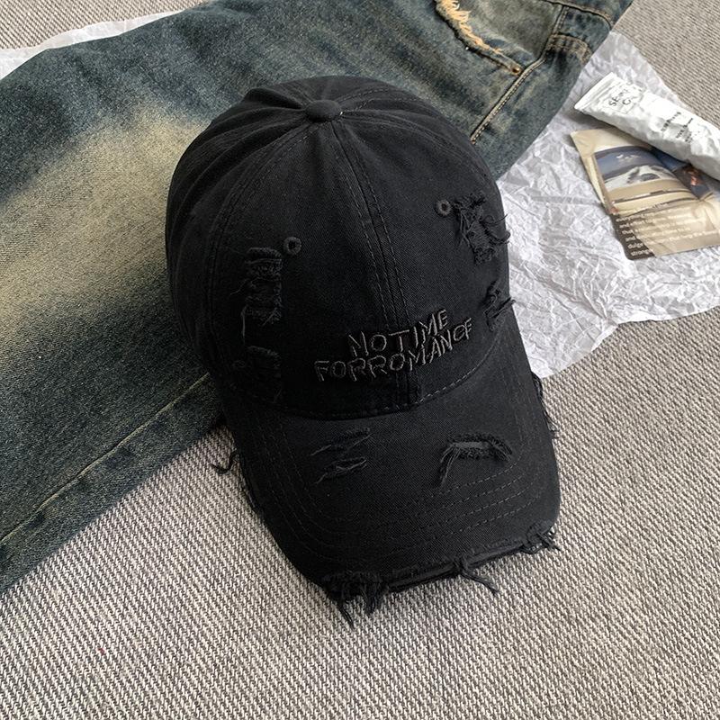 Ripped Beige Letter Baseball Cap, Wide Brim, Big Face, Small Female Cap, Big Head Circumference Hat.