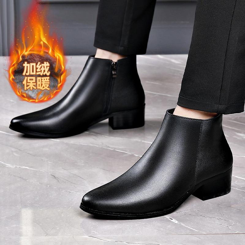 Genuine Leather Men's Boots British Style Business Leather Boot Classic Men Chelsea Boots Winter Plush Warm Cotton Leather Boots