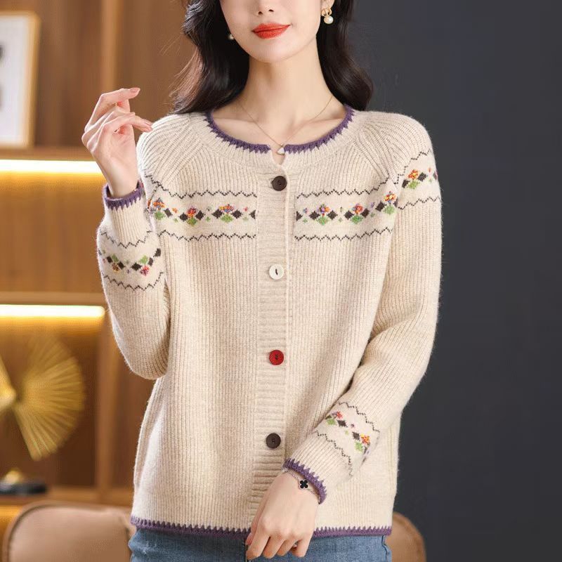 

Женский вязаный кардиган на пуговицах с круглым вырезом для осени и зимы, корейская версия, стильный и универсальный, простой и свободный верхний слой, модный XXXL грязно-белый