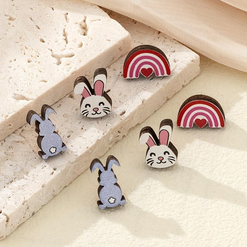 A pair of small and delicate wooden Easter bunny rainbow stud earrings, fashionable personality, literary and cute, high-end wood