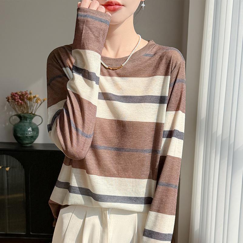 

Spring and Summer Color-Plaid Striped Loose-Fitting Turtleneck Lightweight Base Top New Round-neck Knitted Shirt Long-Sleeve Women s XXL