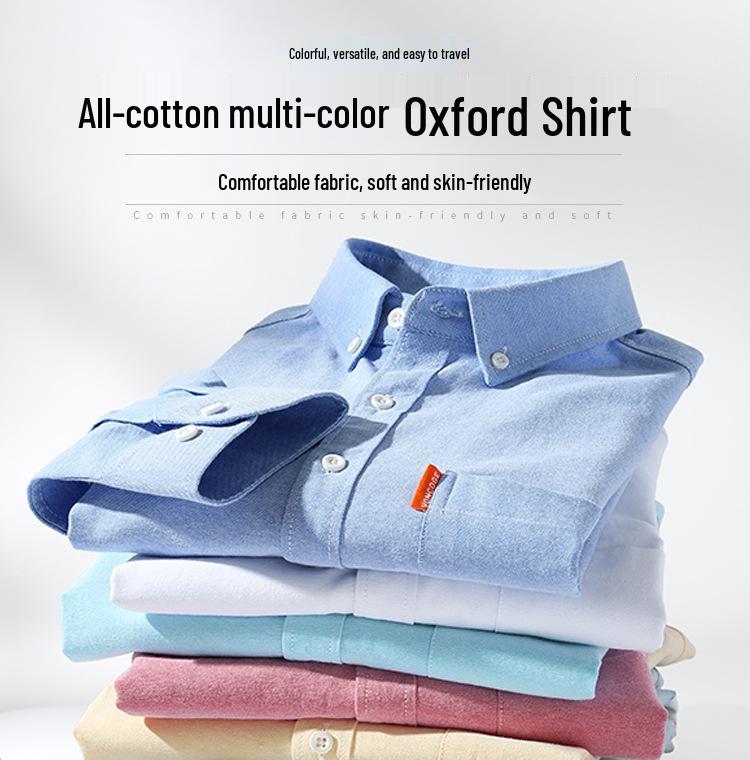 Men's Solid Color Oxford Cotton Yellow Button-Down Long Sleeve Shirt for Spring/Autumn Layering