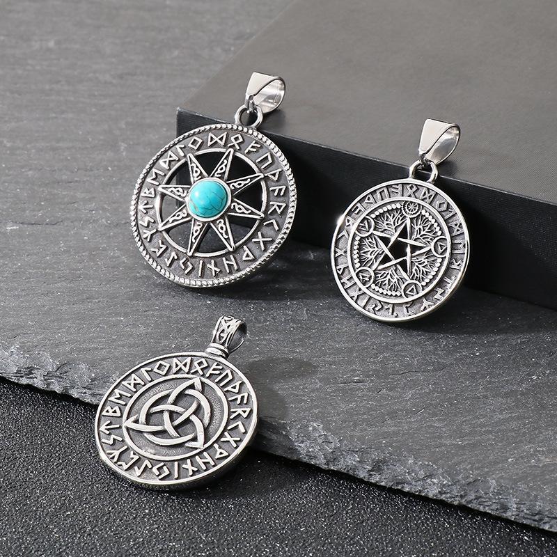 Nordic Viking Exaggerated Pendant, Retro Turquoise Lucky Octagram Devil'S Eye Titanium Steel Men'S Pendant