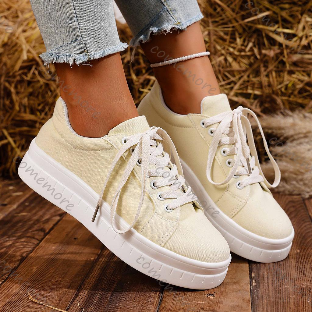 Comemore Spring Autumn Women Platform Vulcanize Shoes Round Toe Lace Up Casual Flat Sneakers Comfortable Large Size Board Shoes