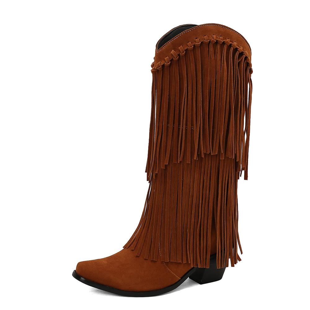 Fashion Fashion Autumn Winter Ethnic Woman Bohemian Flock Tassle Hidden Moccasin High Heels Mid-Calf Boots Fringe Female Slip On Shoes
