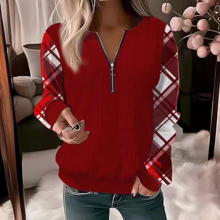Autumn and Winter Women's Plus Size Long Sleeve Pullover Printed V-Neck Zip Top