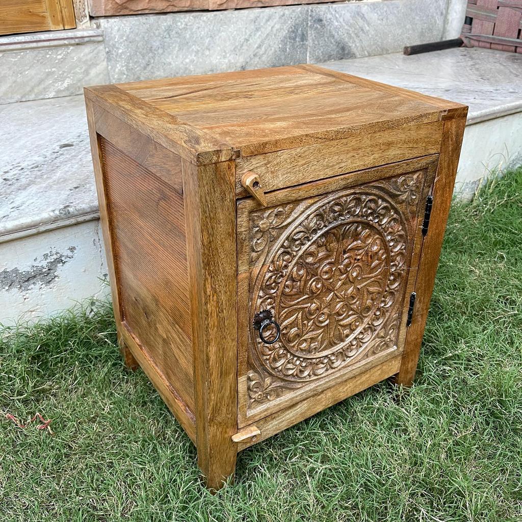 Wood Indian Carved Side Storage Cabinet Bedside Cupboard,Indian Living Nightstand Sideboard Furniture,Kitchen Cabinet Furniture,Desk drawer