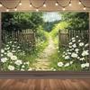 Country Garden Path Tapestry, Rustic Wooden Gate with Daisies Background Cloth, for Farmhouse and Cottage Home Decor