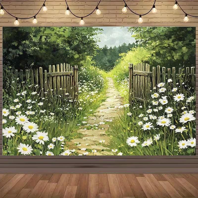 Country Garden Path Tapestry, Rustic Wooden Gate with Daisies Background Cloth, for Farmhouse and Cottage Home Decor