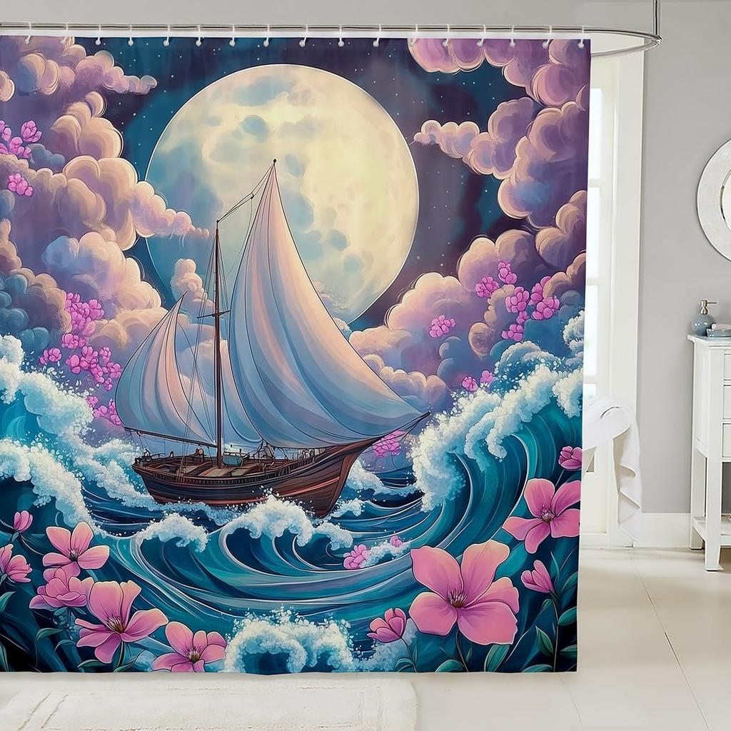 Japanese Style Bathroom Curtain,Cherry Flower Shower Curtain Kids Girls Women Adults Bathroom Decor,Exotic Rustic Style
