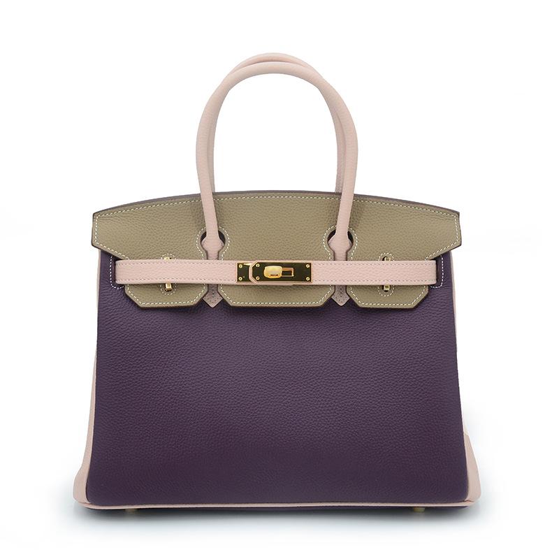 Togo High-end Lychee Pattern, Classic First-layer Cowhide Leather Women's Bag Splicing Handbag Women's Spot