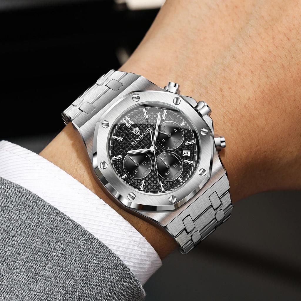 Mens Chronograph Wrist Watch Stainless Steel Band Analog Quartz Watches Waterproof Luminous Calendar Multi‑Dial Business Casual Watch for Men