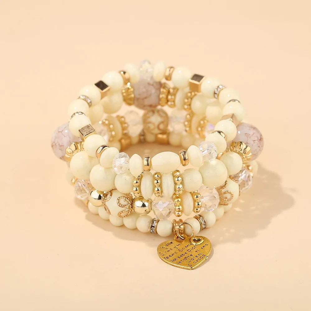 4Pcs Boho Crystal Beads Chain Bracelet Set For Women Vintage Heart Charm Elastic Bangle Men Fashion Party Jewelry