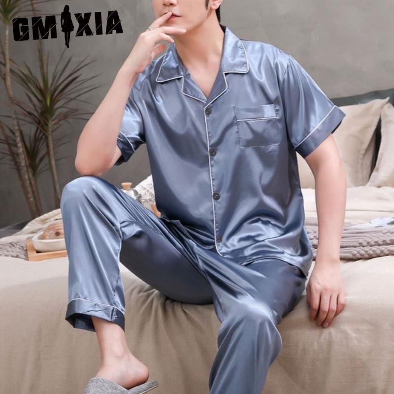 GMXIA Spring and Autumn Men's Pajamas, Long Sleeves and Long Pants, Thin Ice Silk, Teen Home Wear, Silk Set, Plus-size
