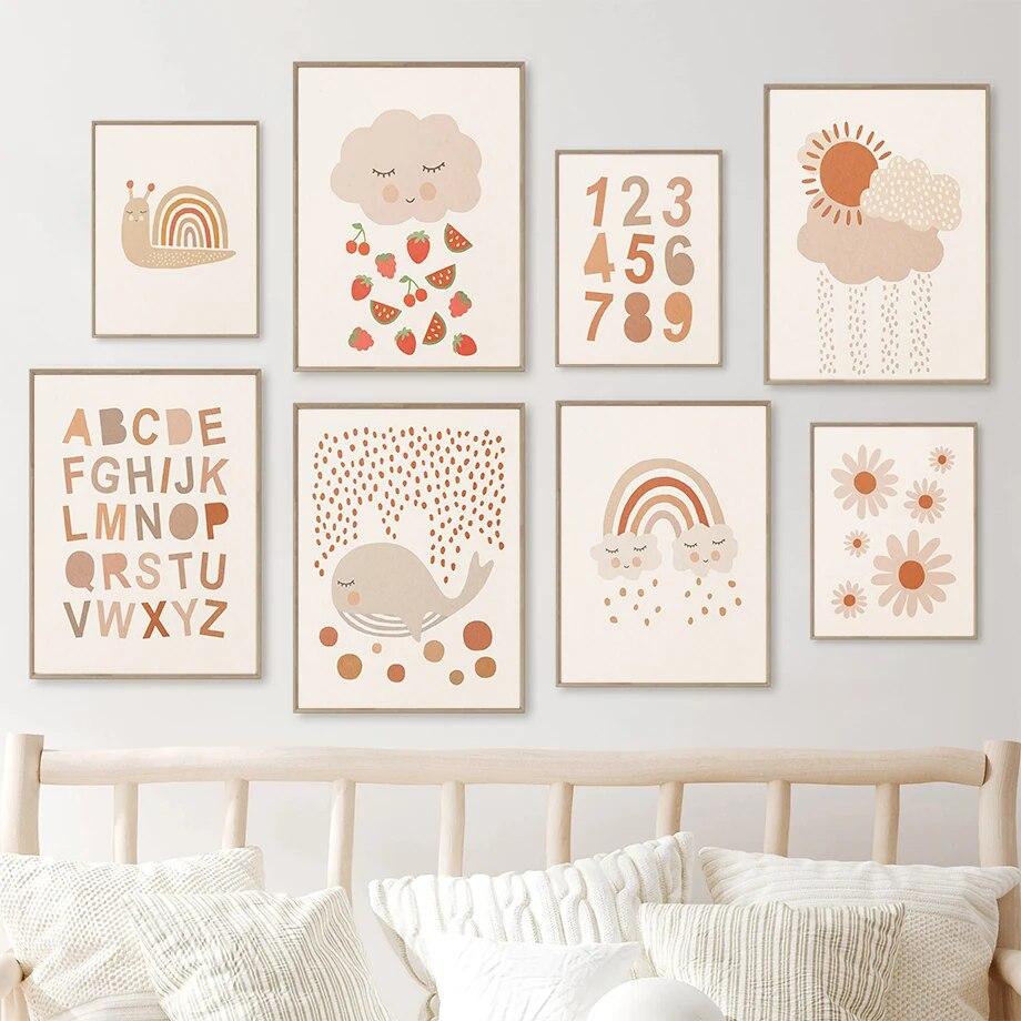 Wall Art Canvas Painting Baby Whale Bee Strawberry Cloud Number Alphabet Nordic Posters And Prints Wall Pictures Kids Room Decor