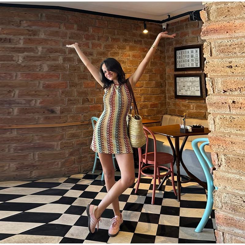 Summer New Style European and American Style Crocheted Floral Contrast Color Sleeveless Dress