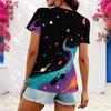 Women Plus Size Asymmetric Neck Short Sleeve Top Vintage American Flag Star Stripe Art Print
