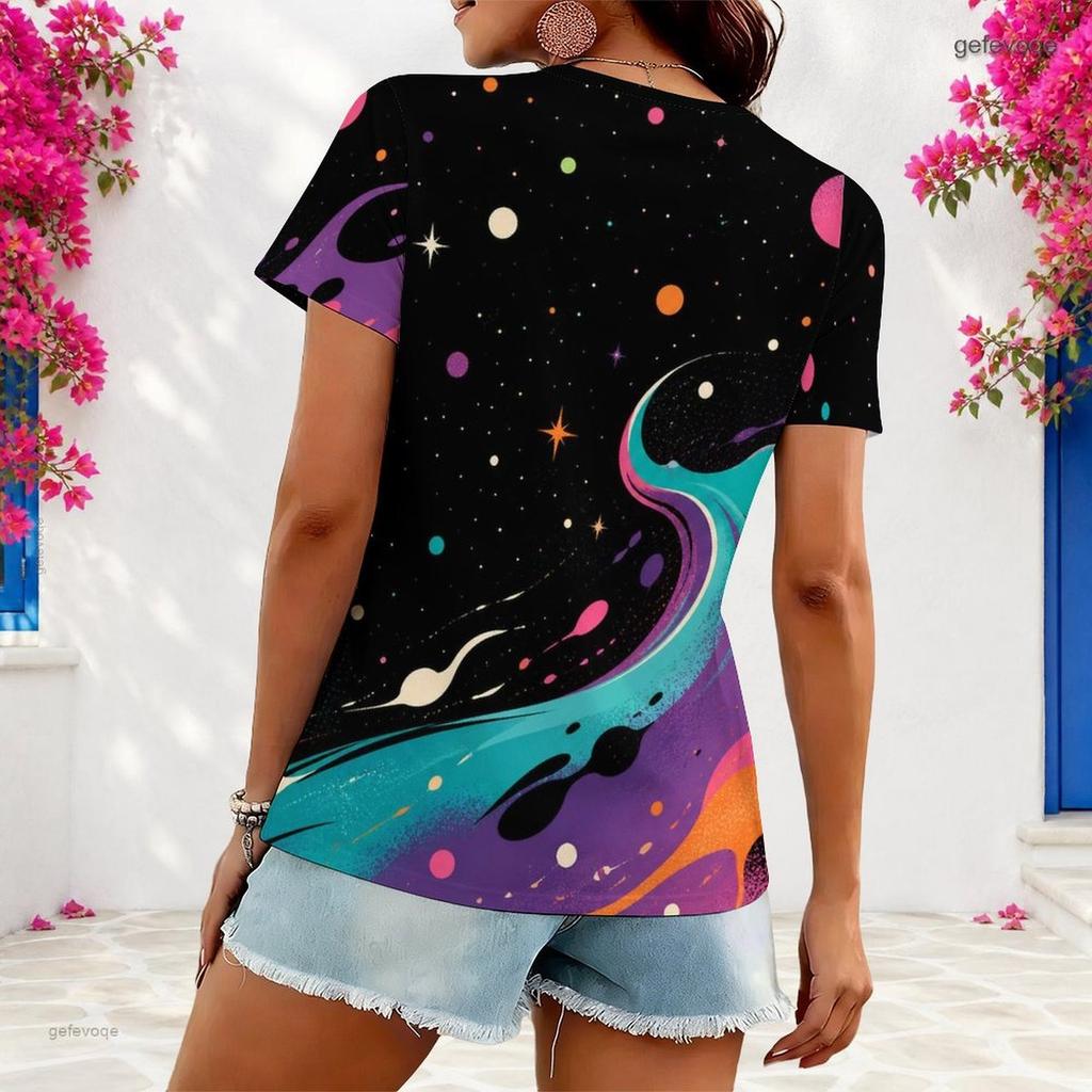 Women Plus Size Asymmetric Neck Short Sleeve Top Vintage American Flag Star Stripe Art Print