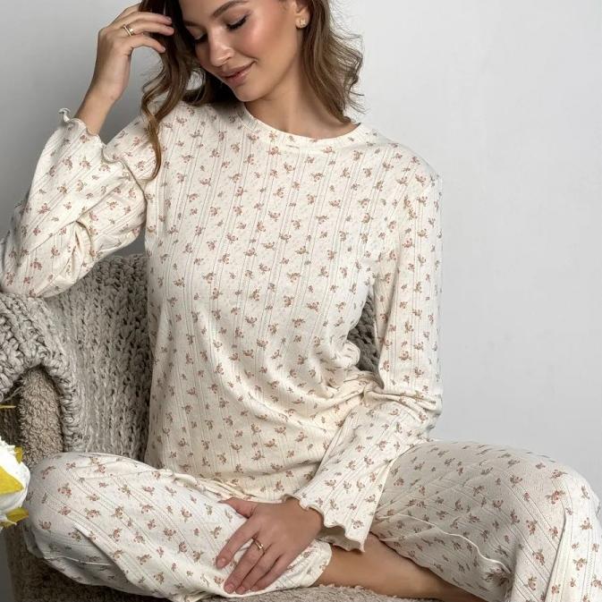 

весна осень Цветочный принт Пижамный комплект для женщин Домашняя одежда Одежда для сна Топы с длинным рукавом и Брюки 2 предмета Пижамы Домашняя одежда 1XL