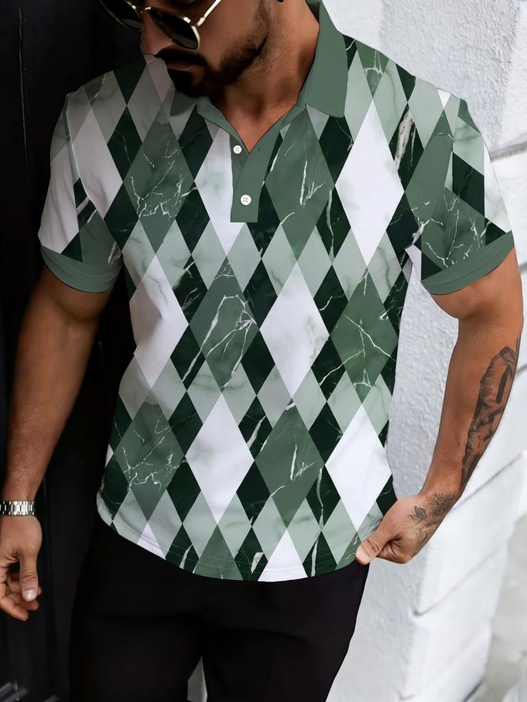 2026 Summer New Style Men's Short-Sleeved Polo Shirt with 3D Check Pattern Print - Street Casual Fashion Style