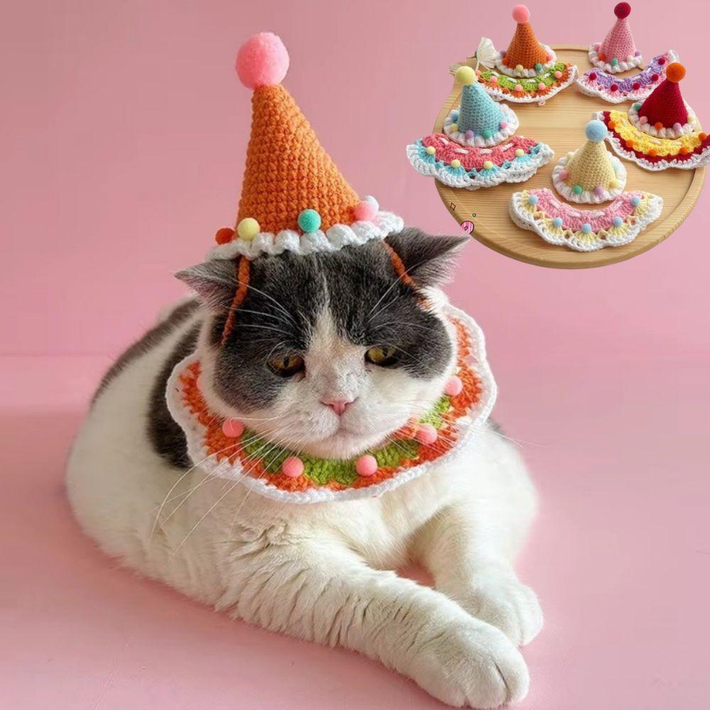 Cute Cat Birthday Hat Handmade Dress Up Dog Neck Set Photo Decoration Pet Birthday Party Dog Accessories for Small Dogs Puppy