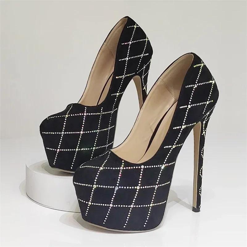 

Luxury Women s Shoes Sexy Crystal Diamond Round Toe Woman Pumps Fashion Platform Super Stiletto Heels Nightclub Strippers Shoes 35 чорний