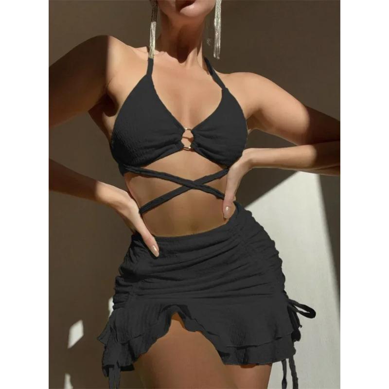 Bikini Sexy Galben Femei Solid Halter Inel Legat Criss Cross Acoperire Costum de Baie 3 Piese 2025 Costum de Baie Volane Fustă Costum de Baie