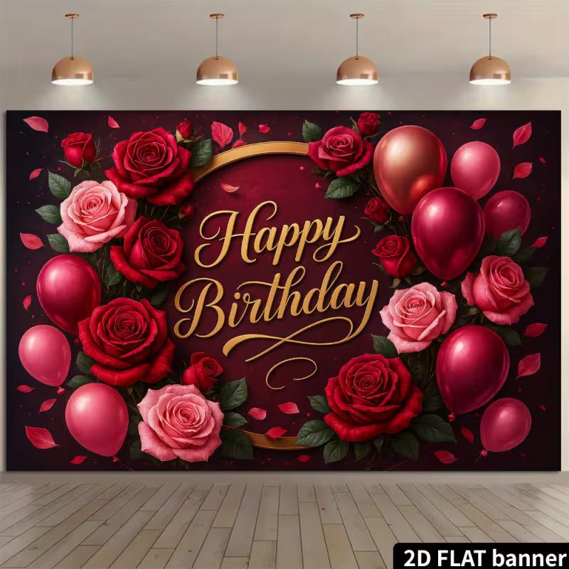 2D Rote Rose Geburtstag Hintergrund mit Weinroten Rosen & Rosa Luftballons