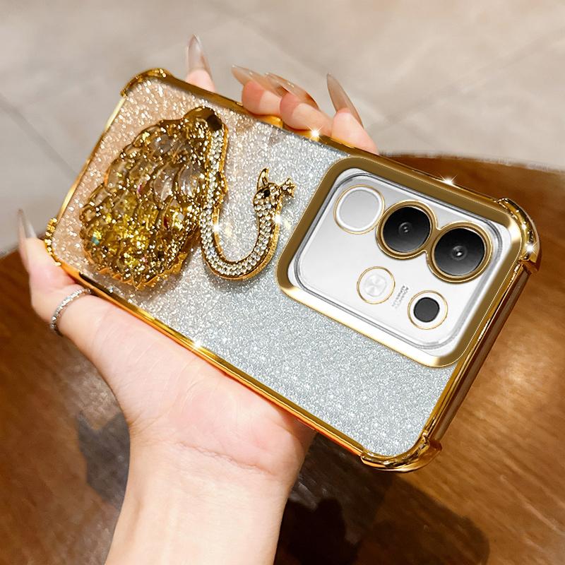KEYSION Shockproof Plating Phone Case for VIVO Y29 4G Clear Soft TPU Glitter Jewelled Swan Kickstand Back Cover for IQOO Z10X 5G