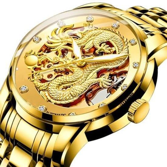 CARLIEN Mens Dragon Collection Limited Luxury Sculpted Dial Golden Automatic Waterproof Watch (Gold)