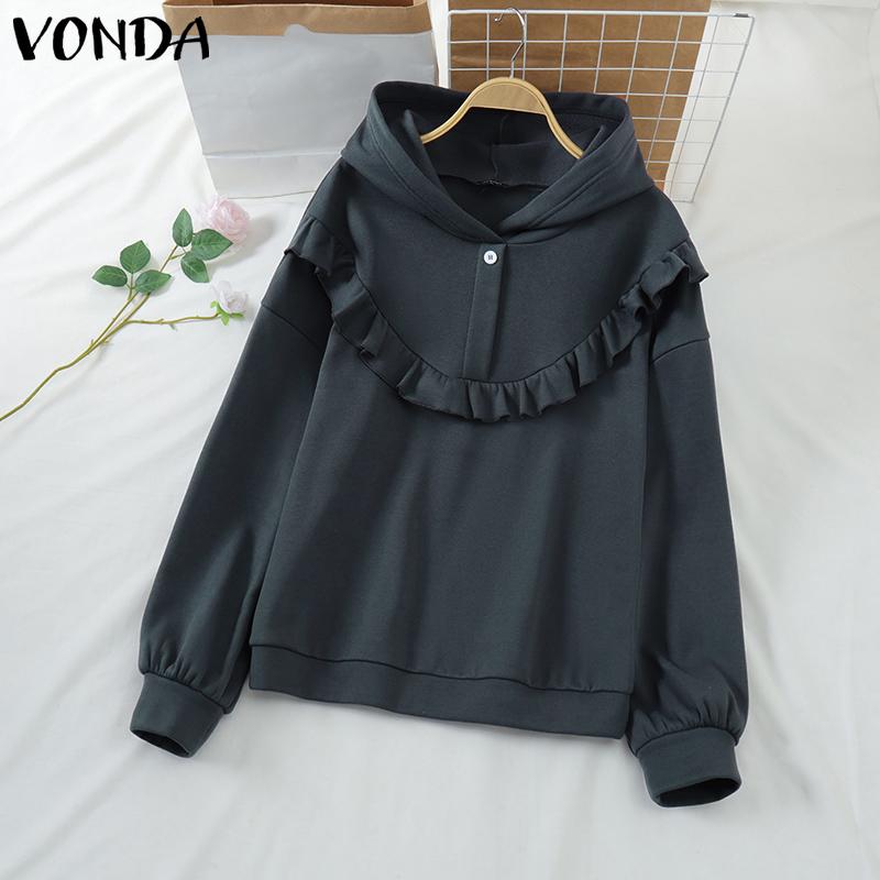 VONDA Women Long Sleeve Ruffled Solid Color Hooded Sweatshirts