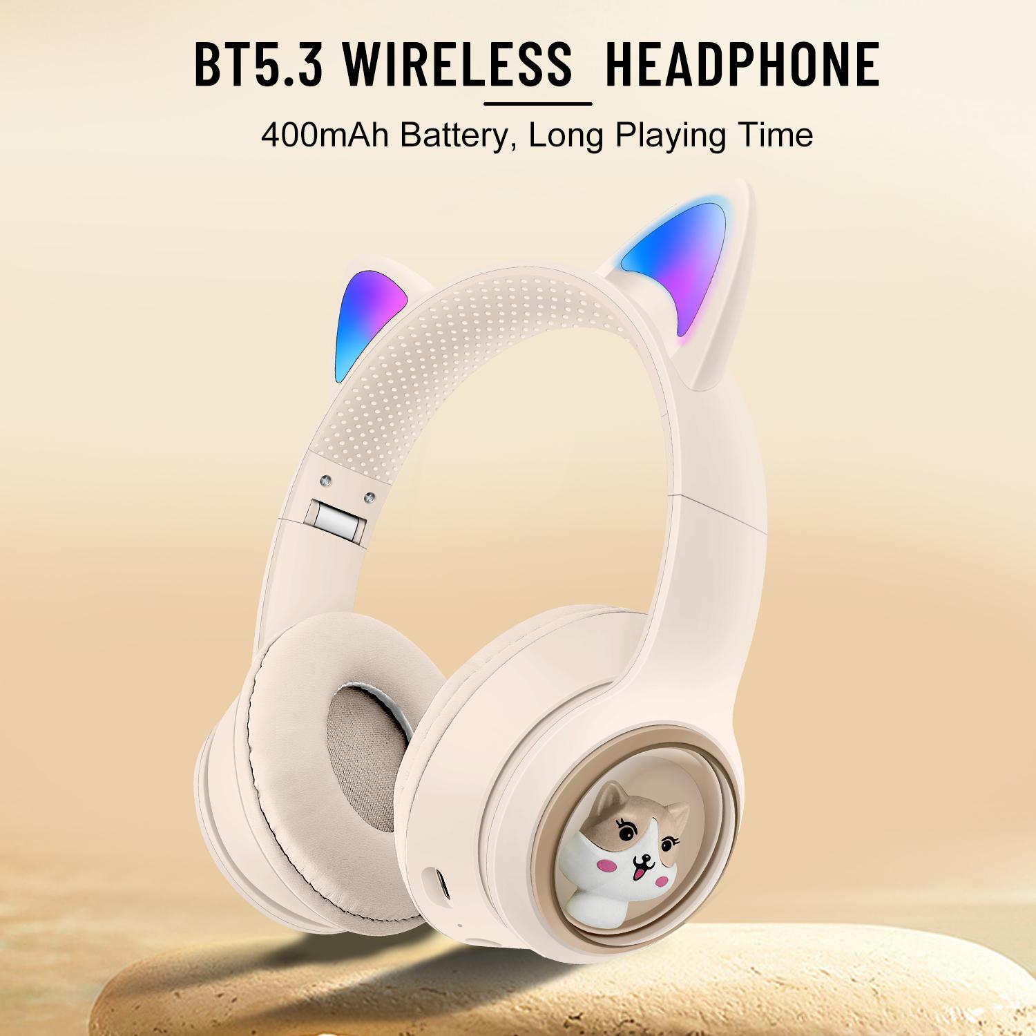 

AKZ-01 Cute Cat Ear Kids Bluetooth-compatible Headphone Stereo Music Head-Mounted Headset with Colorful Light Pink